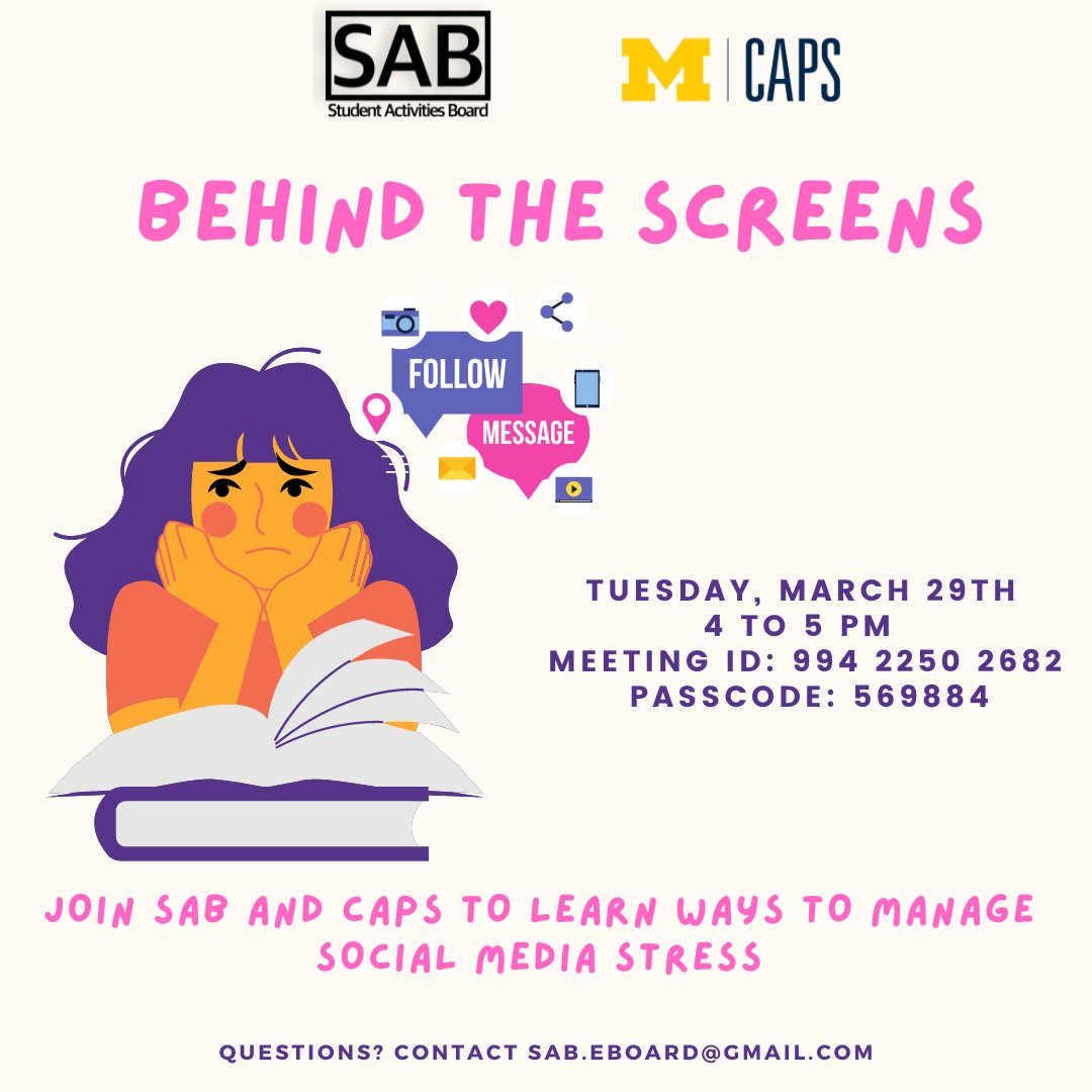 umd_sab's tweet photo. While social media can add a lot to your life, it can also have some negative effects on your mental health. To learn more about ways to manage social media stress, join CAPS and SAB over zoom on Tuesday, March 29, 2022, from 4 PM - 5 PM. All attendees will receive prizes!! https://t.co/zfcAQ3LSgb