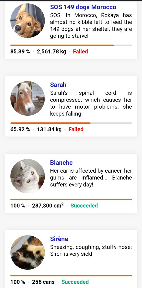 2 failures and 6 successes. One of the failures is a single horse that should have gotten all the clicks and the shelter that had 2 days and now the animals are going to starve. They will never get enough money to buy all the food they would have gotten. I am stunned. 😔