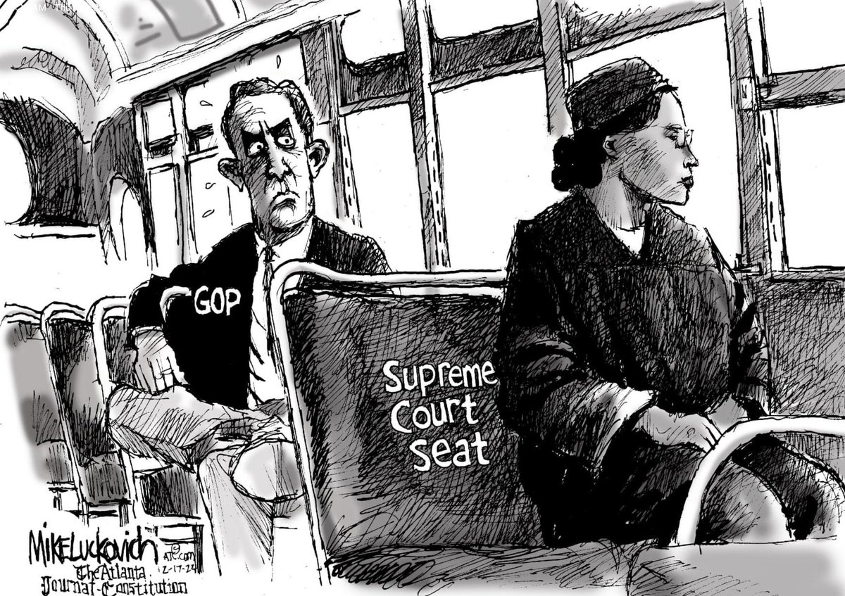 MEFA_TNB's tweet image. This photo was created/tweeted by the artist @mluckovichajc - and it pretty much sums up KBJ’s SCOTUS confirmation process.
@mluckovichajc 

#GOPRacists