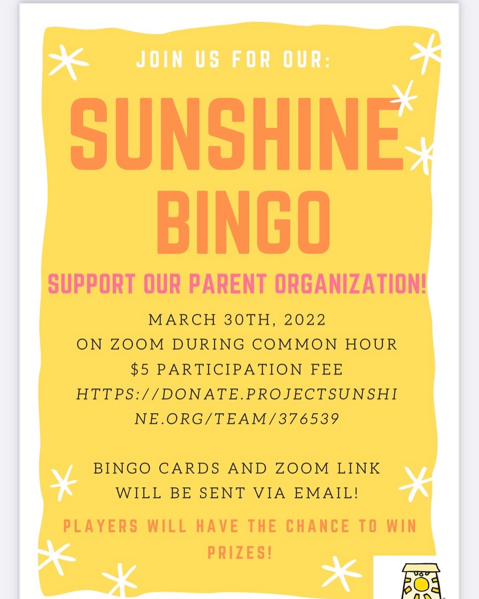 sjli_ps's tweet photo. We will be holding our Sunshine Bingo on 3/30 on Zoom during common hour! This will raise funds for our parent organization. To participate, please donate $5 to our classy page and fill out the Google form! We hope to see you all there! 🌼💛☀️🌟🌻 @SJCSGA @SJCNY_Involve https://t.co/Jtz6PCs36W