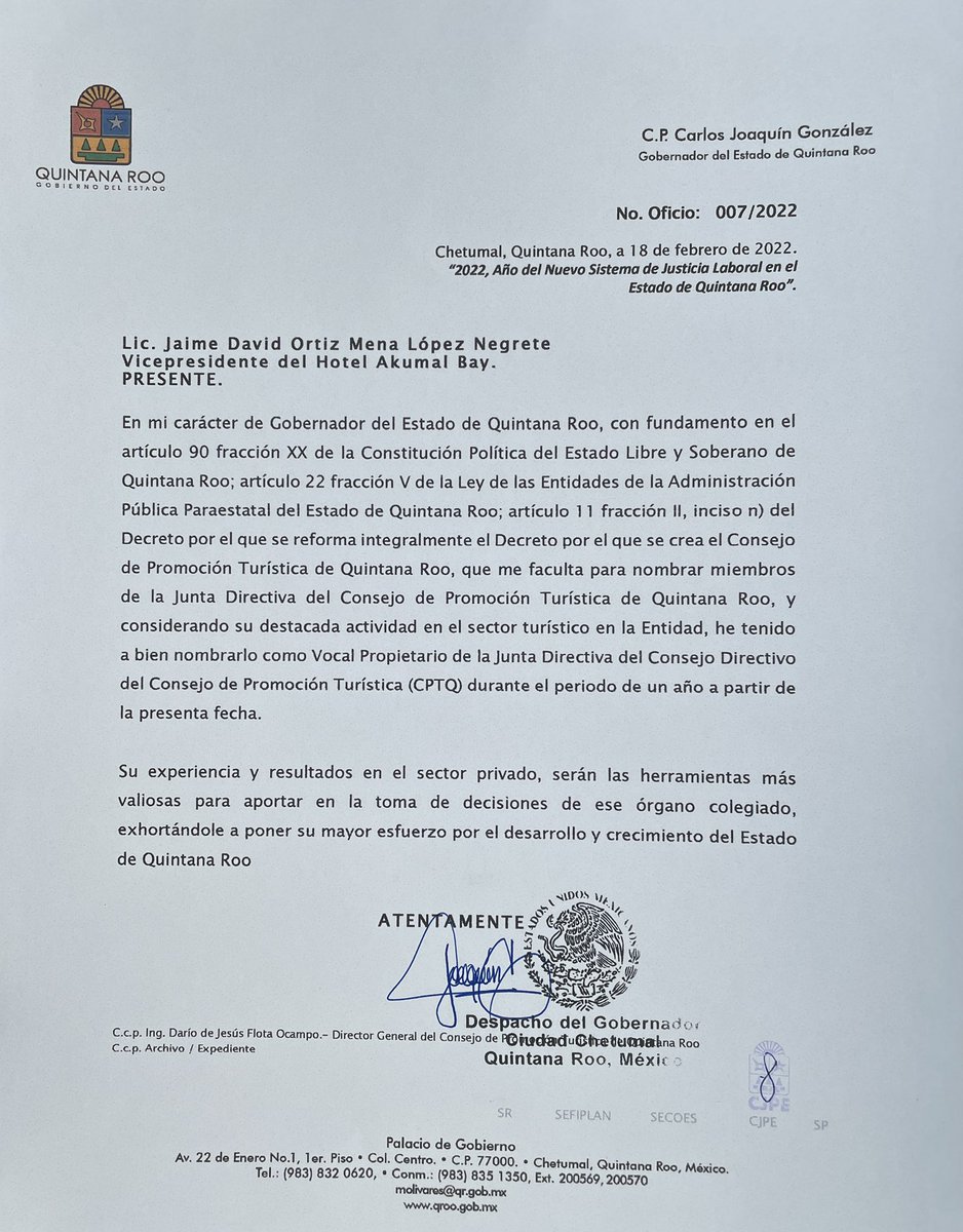 Agradezco al Gobernador <a href="/CarlosJoaquin/">Carlos Joaquín</a> mi designación como Vocal Propietario de la Junta Directiva del Consejo de Promoción Turística de Quintana Roo <a href="/CPTQROO/">Consejo de Promoción Turística de Quintana Roo</a> y la oportunidad de participar activamente en la promoción de nuestros destinos. @CaribeMexico