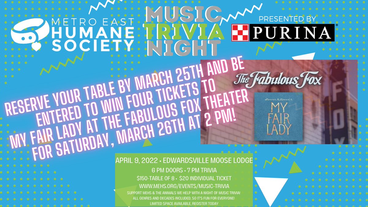 MEHumaneSociety's tweet photo. Head to https://t.co/9tyAVq32qE and reserve your table NOW! Everyone who purchases a table by 5 PM Friday, March 25th will be entered to win FOUR tickets to MY FAIR LADY at The Fabulous Fox this Saturday, March 26th thanks to our friends at @4thebank. https://t.co/9JpjKFBzOv