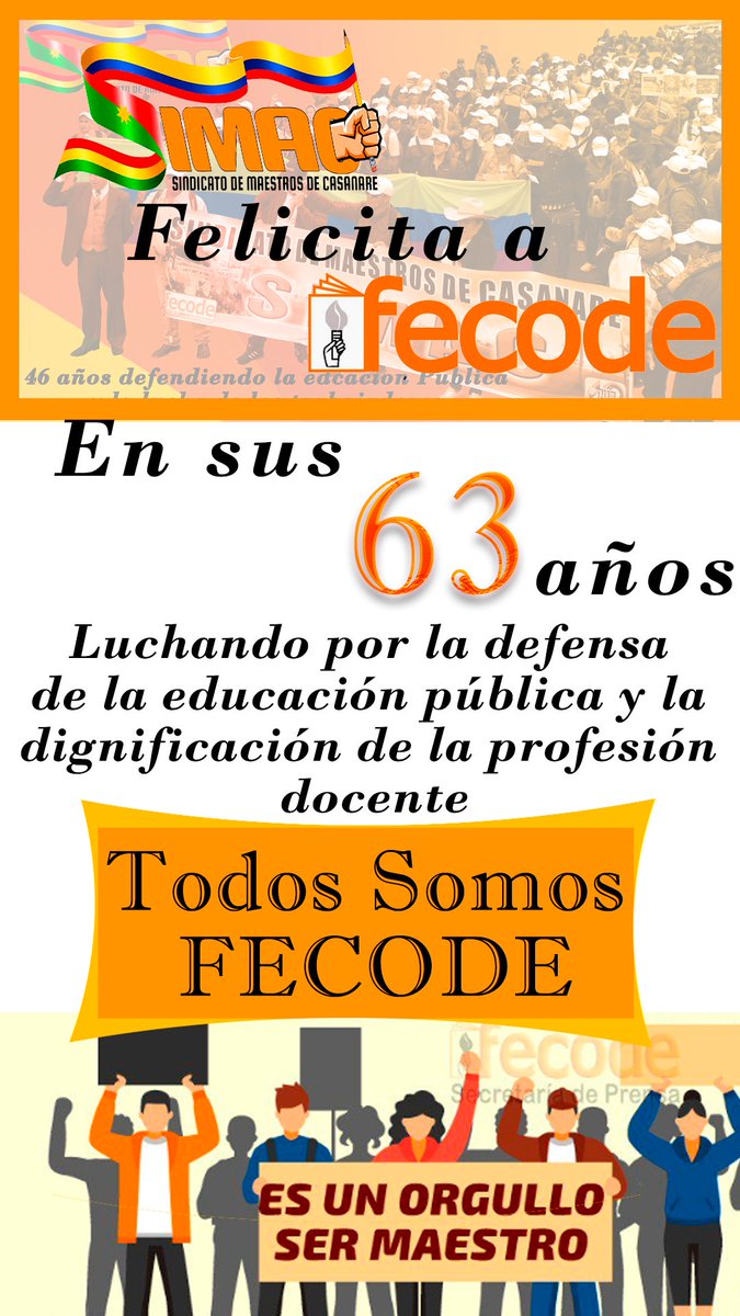 SindicatoSIMAC's tweet photo. SIMAC felicicita a nuestra federación FECODE en sus 63 años defendiendo la educación pública y la dignidad de la profesión docente. 63 años de luchas defendiendo la Escuela como territorio de paz.
¡¡¡FECODE SOMOS TODOS!!!
@fecode https://t.co/hkuCrg3fMV