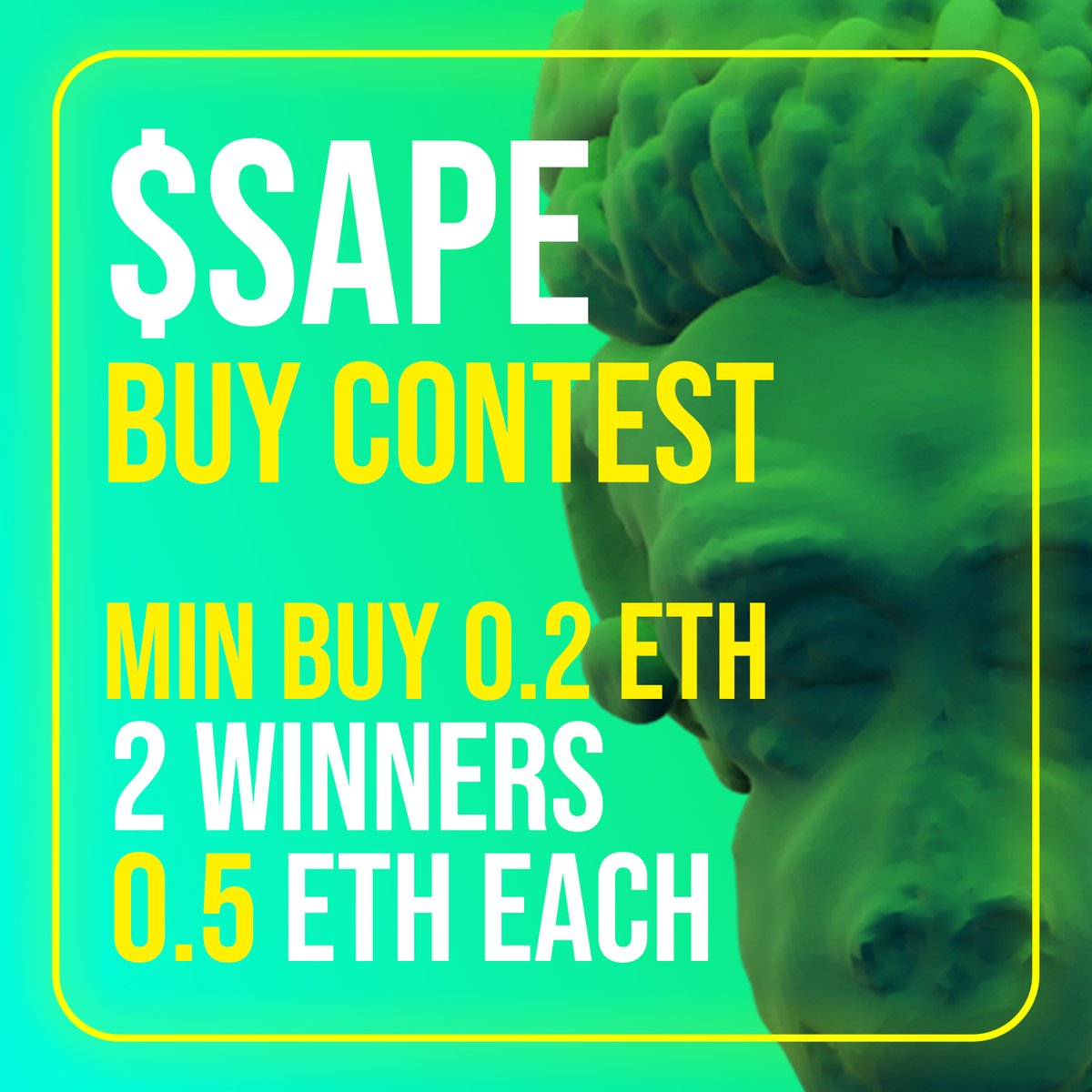 SAPEOFFICIALETH's tweet photo. $SAPE BUY CONTEST
STARTS NOW ENDS IN TWO HOURS

https://t.co/XdDLFymvh5

MIN BUY 0.2 ETH/2 WINNERS OF 0.5 ETH EACH
JOIN TG: https://t.co/Q72A7keRfL

$SAPE FAM https://t.co/W6sUTE6imD