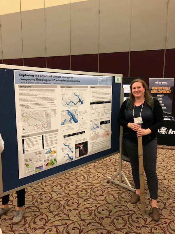 Congrats to PhD candidate <a href="/_LaurenGrimley/">Lauren Grimley</a> who received an honorable mention for her poster at the WRRI competition today.

‘Exploring the effects of climate change on compound flooding in NC estuarine communities’ 

An important &amp; timely #ScienceForNC research topic!