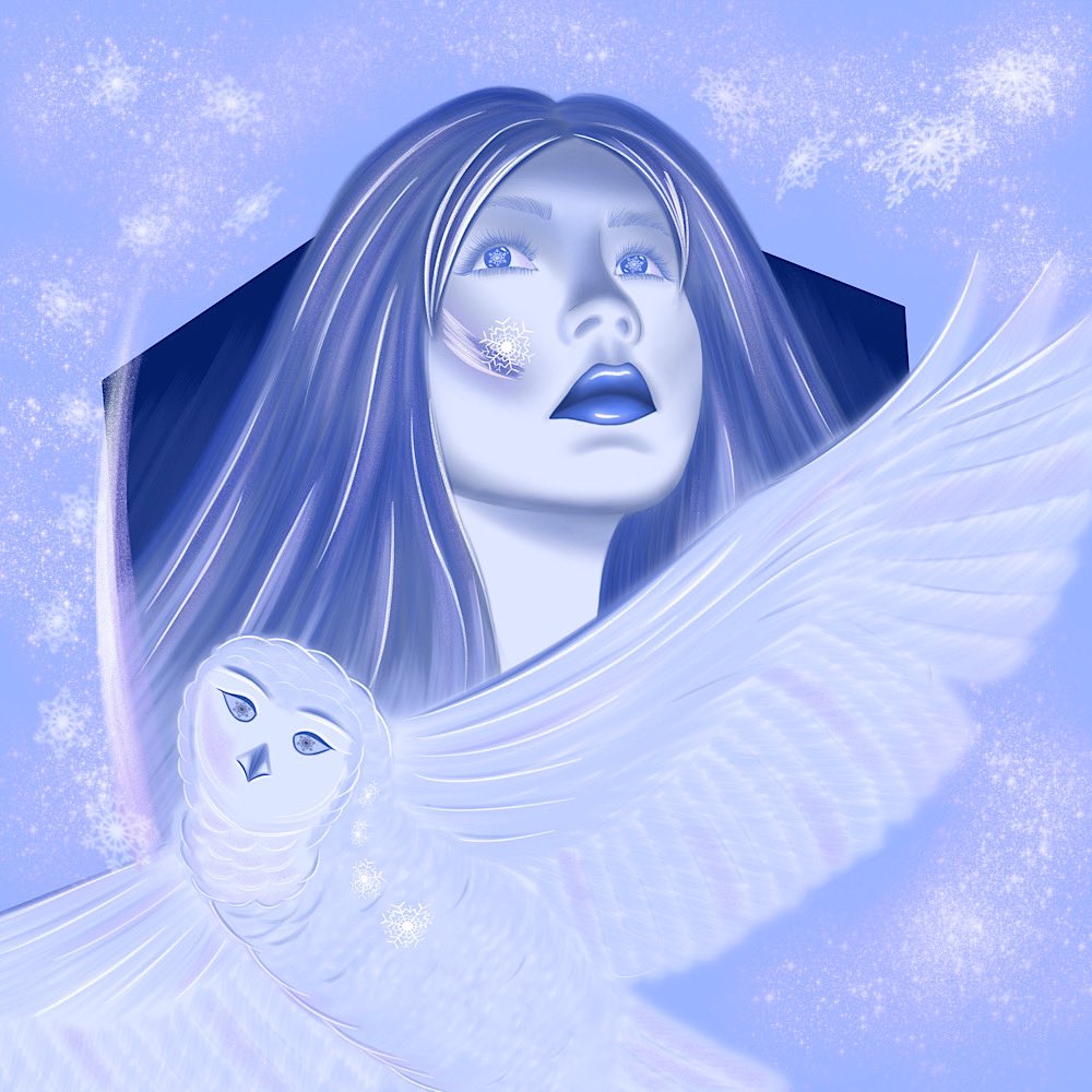 OTigrArt's tweet photo. Ice via @signArtApp -  https://t.co/p1My7tAuSL She knows how to manage her emotions, strives to maintain inner balance so as not to be afraid of anything. Attention to detail helps her make the right decisions. #Ice #girl #owl #snowflake #NFT #SignArt #fairArtNFT https://t.co/M4SZos5aEv