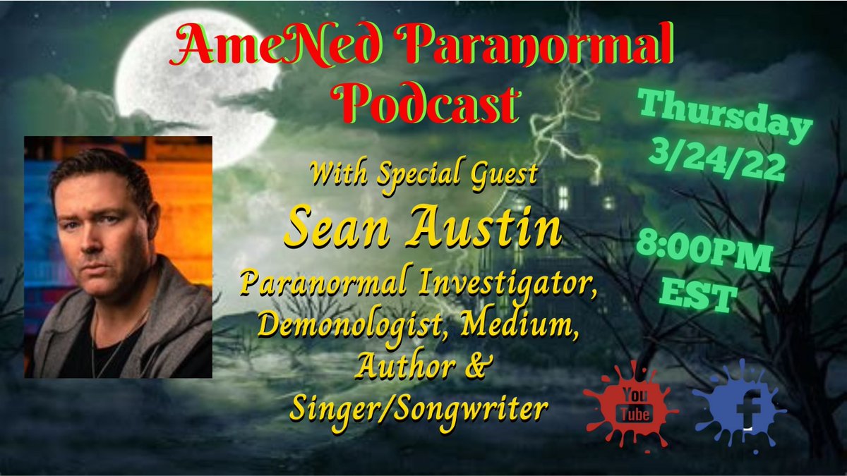 LIVE: Tonight at 8pm EST!!! 
I am interviewing Sean Austin! He is an
Investigator/Demonologist/Medium/Author &amp; Singer/Songwriter!!! Hope to see everyone there!!
AmeNed Paranormal Facebook Page:
facebook.com/amenedparanorm…
AmeNed Paranormal Youtube:
youtube.com/channel/UCxxt6…
