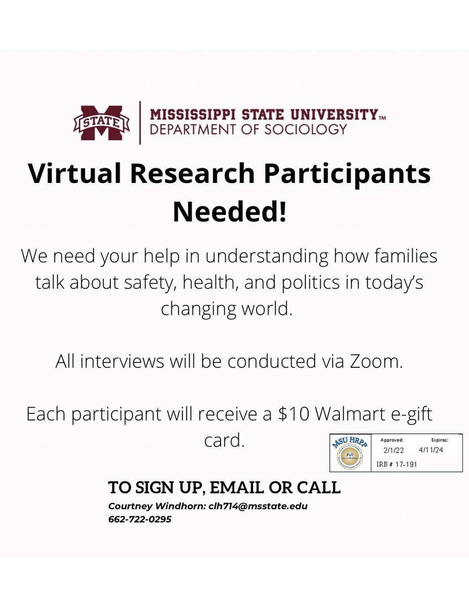 MSU Sociology Department (@msusociology) on Twitter photo Virtual Research Participants Needed! To sign up, email or call Courtney Windhorn at clh714@msstate.edu or 662-722-0295. Virtual Research Participants Needed! To sign up, email or call Courtney Windhorn at clh714@msstate.edu or 662-722-0295.