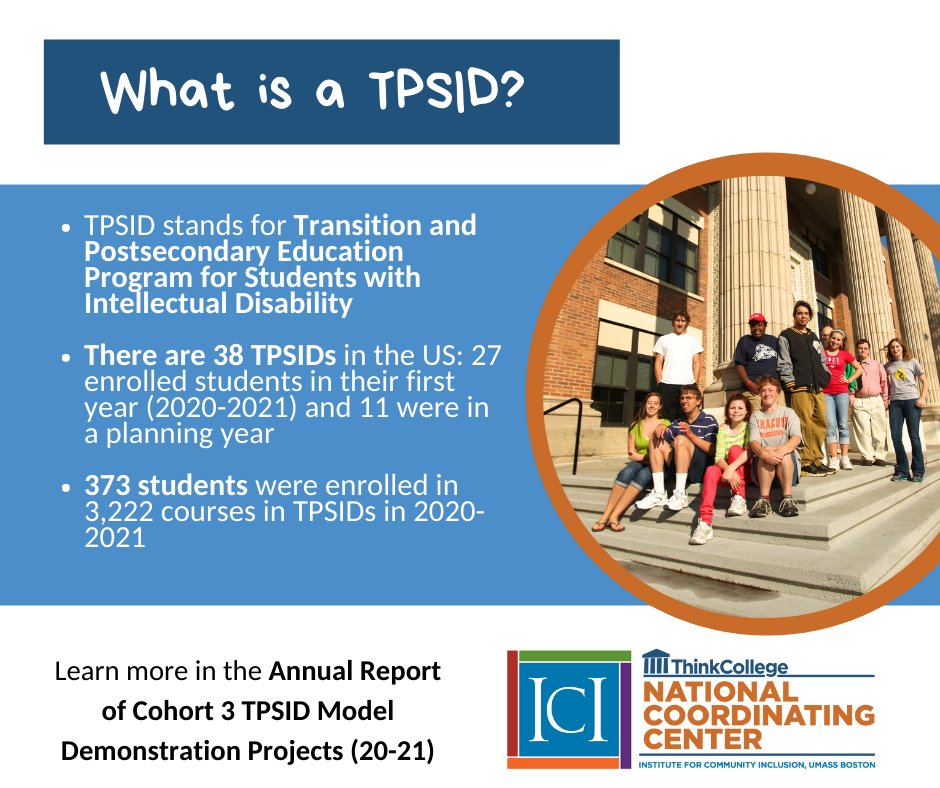 thinkcollegeICI's tweet photo. #ThinkCollegeThursday
The annual #NCC report for 20-21 is now available! Learn what a TPSID is and review the student and program data that was gathered from Cohort 3 #TPSID programs. https://t.co/wBG5RtScOz https://t.co/4pbKiLkizv