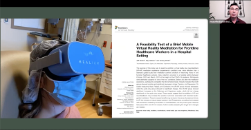 BrennanSpiegel's tweet photo. In their #vMed22 talk happening now, @SarahMidMO and Jeff Tarrant review their work with @HealiumXR using #VR to help healthcare works de-stress through meditation. I also discuss their impactful work in my book, #VRx: https://t.co/GNwj2gmrDC https://t.co/FtGMBgtpHY