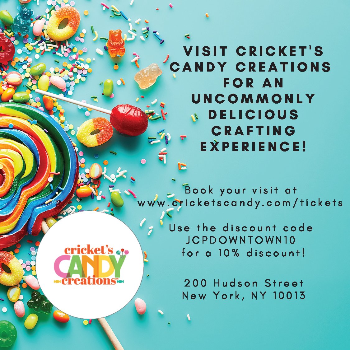JCPDowntown's tweet photo. @CricketsCandy Calling all kid creators and candy⁠
connoisseurs! Cricket’s Candy Creations,⁠ is the ultimate multisensory experience! Get tickets at⁠ https://t.co/MWFM0Lthlw + use discount code JCPDOWNTOWN10 for 10% off!!⁠
#cricketscandy #candy #crafting #JCPDowntown https://t.co/Nxv342MnTe