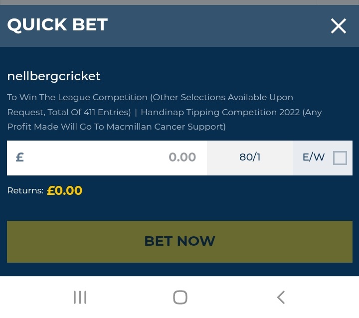 nellbergcricket's tweet photo. Account name : Valerie Youuuuu
Bet type : each way
Stake : MAX 

🤑🤑🤑

#handinaps 

#puntypunty https://t.co/ho77LkwSwY