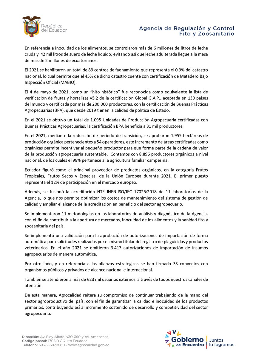 AgrocalidadEC's tweet photo. 📰#Boletín | #Agrocalidad rindió cuentas de la gestión 2021 a la ciudadanía. 
#RendiciónDeCuentas2021 
#ControlyAcompañamiento
#JuntosCumplimos

Más información ⤵️
https://t.co/GeswcaHARM https://t.co/M3wvefUs3f