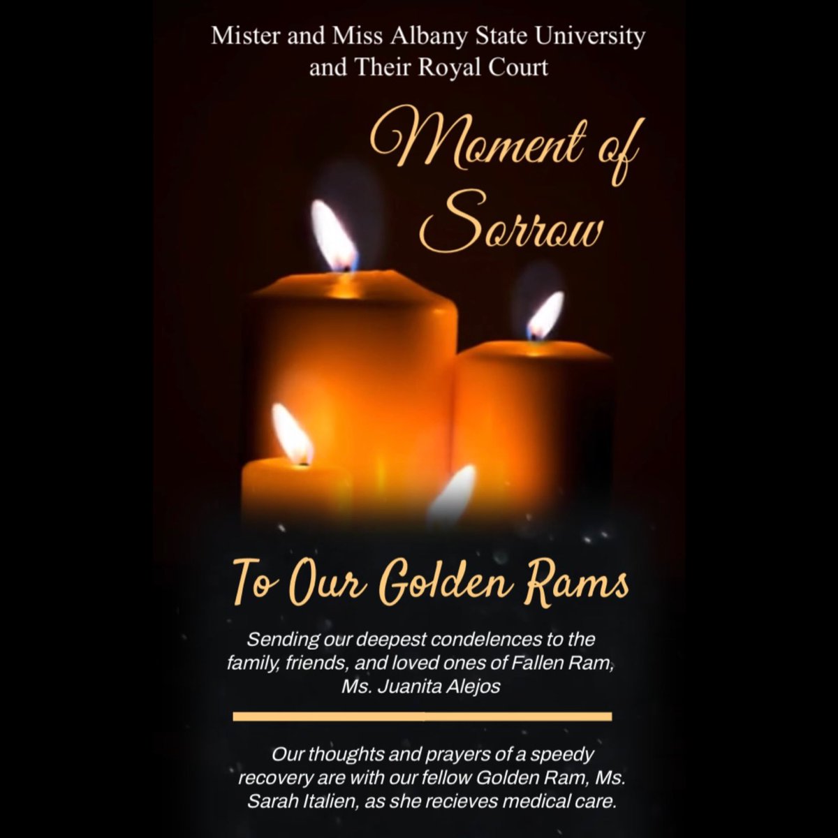 itsbrianaa_j's tweet photo. It is with warm hearts, the ASU Royals shares this moment of sorrow with our Ramily 🙏🏽💙💛 #ASUTwitter https://t.co/UQCWydtvbK
