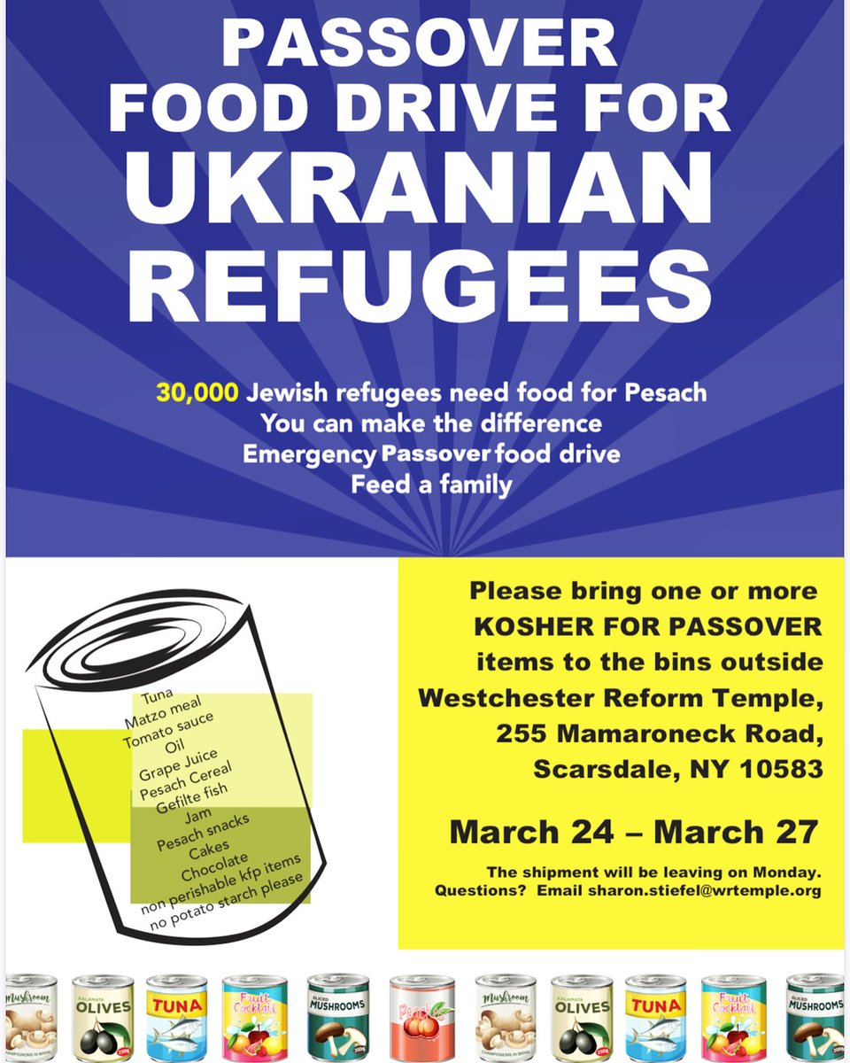 WRT is the drop-off point for Westchester County. Please bring Kosher for Passover food to the drop-off bins at the front of WRT from Thursday, March 24 through Sunday, March 27. #volunteer #donate #passover #ukraine #wrteverywhere