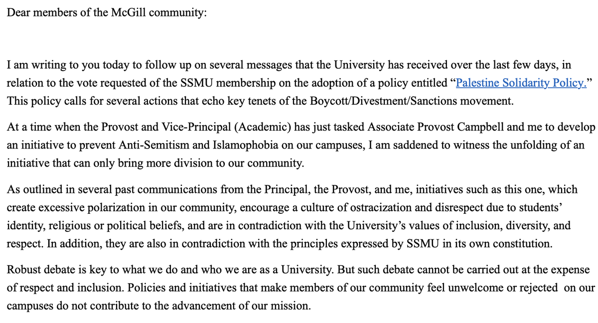 genevievejoelle's tweet photo. BREAKING: despite 71% of @mcgill students voting in support of an SPHR BDS motion McGill is threatening the @theSSMU w/ terminating their Memorandum of Agreement for their Palestine solidarity. 

This is outrageous, undemocratic and a fundamental attack on student organising. https://t.co/b8AcskN3uS