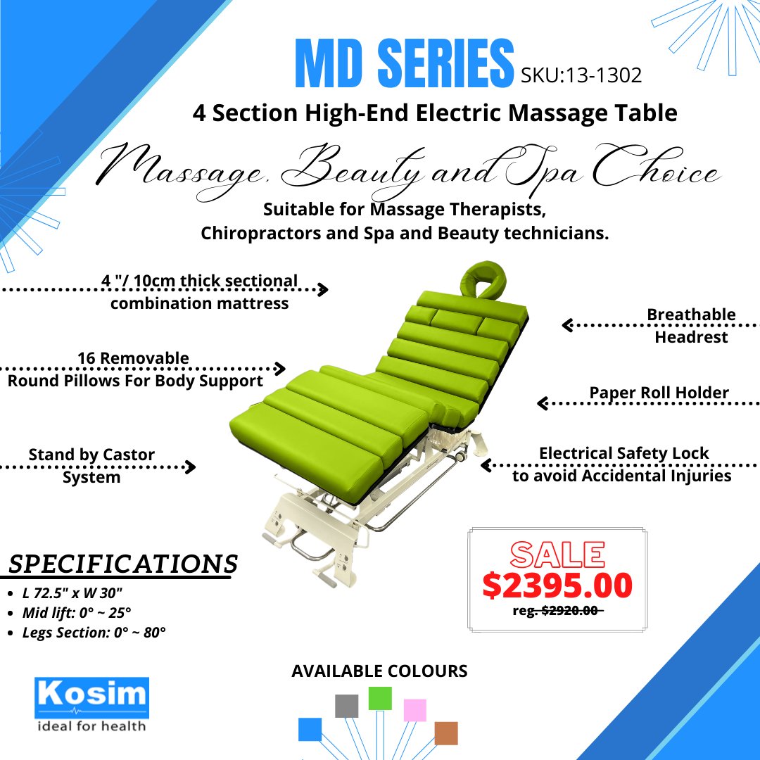 KosimHealth's tweet photo. MD Series 4 Section Massage Table is part of our March Monthly Specials. This massage table features a lot of unique characteristics that can facilitate the needs of massage therapists, spa &amp; beauty technicians, and clients. 

Visit https://t.co/alhhwQGzx3 for more information https://t.co/BAx6Xqw21X