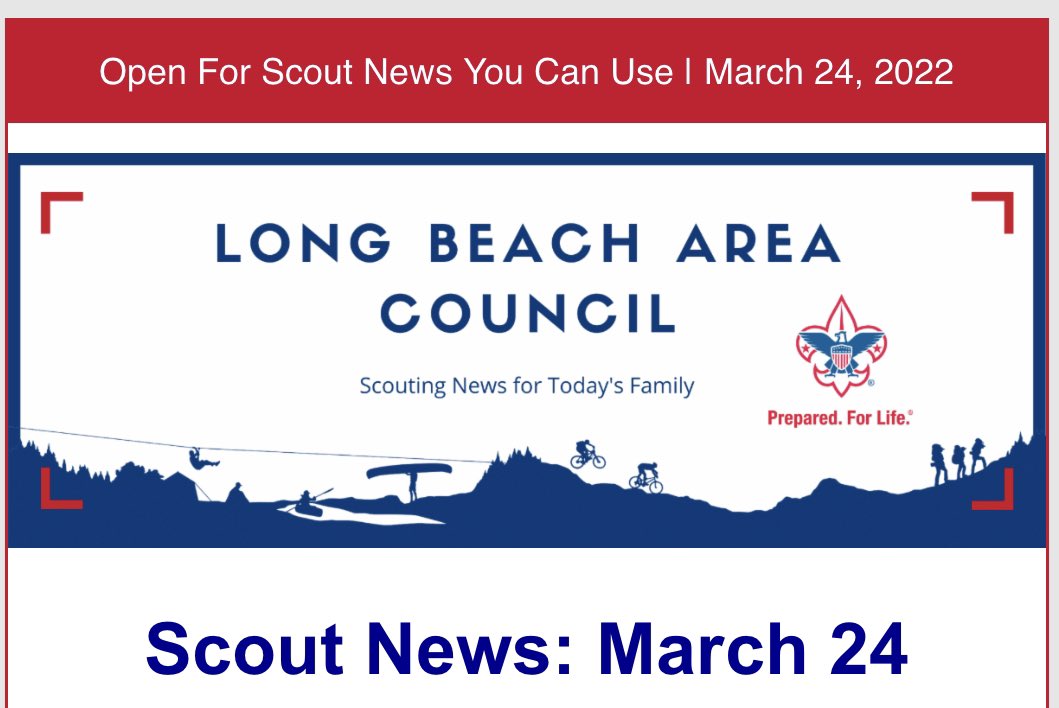 longbeachbsa's tweet photo. Long Beach Scout News: 3/24/22

⚜️Spring Aquatics Camp
⚜️Merit Badge Day
⚜️Work at the Sea Base
⚜️Memorial Day Family Camp
⚜️Annual Eagle Dinner
⚜️Tahquitz Summer Camp

✅ it out
@presstelegram 
@lbpost 
@SignalTribune 

https://t.co/WUxSWhku1T https://t.co/qESTpt2iVb