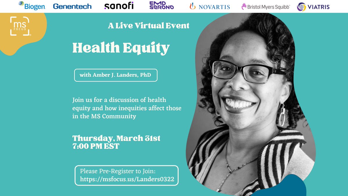 MS_Focus's tweet photo. Amber J. Landers, Ph.D., wants you to know that you and everyone else deserves an equal chance to grow and thrive. 

Thursday, March 31st at 7 pm EST, she'll address the persistent inequities in our health systems: https://t.co/wfddPoxSXB

#msfocus #findingyourplace #healthequity https://t.co/BqRsHZDVJI