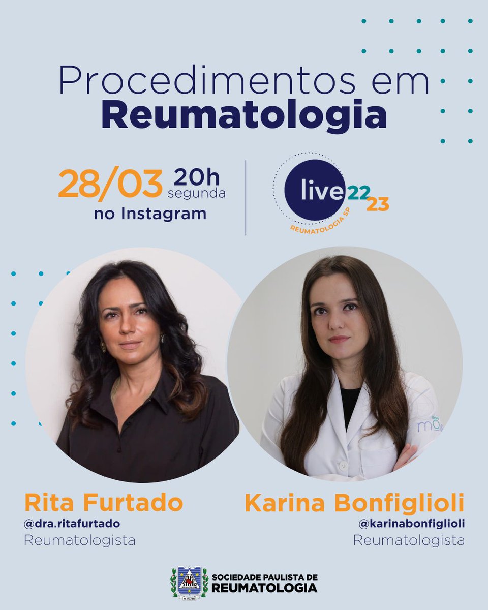 reumatologiasp's tweet photo. Vem aí mais uma edição da #LiveSPR! Na segunda-feira (28), nosso debate será acerca dos "Procedimentos em Reumatologia" com as médicas Rita Furtado e Karina Bonfiglioli. Compartilhe esse post com quem não pode ficar de fora e programe-se para não perder! https://t.co/DSmnVwKUd1