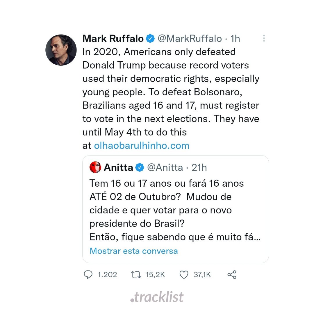 tracklist's tweet photo. O ator norte-americano Mark Ruffalo alertou jovens brasileiros sobre a importância de tirar o título de eleitor:

"Para derrotar Bolsonaro, os brasileiros entre 16 e 17 anos precisam se registrar para votarem nas próximas eleições. Eles têm até 4 de maio para fazer isso" https://t.co/YY9pMFUq2R