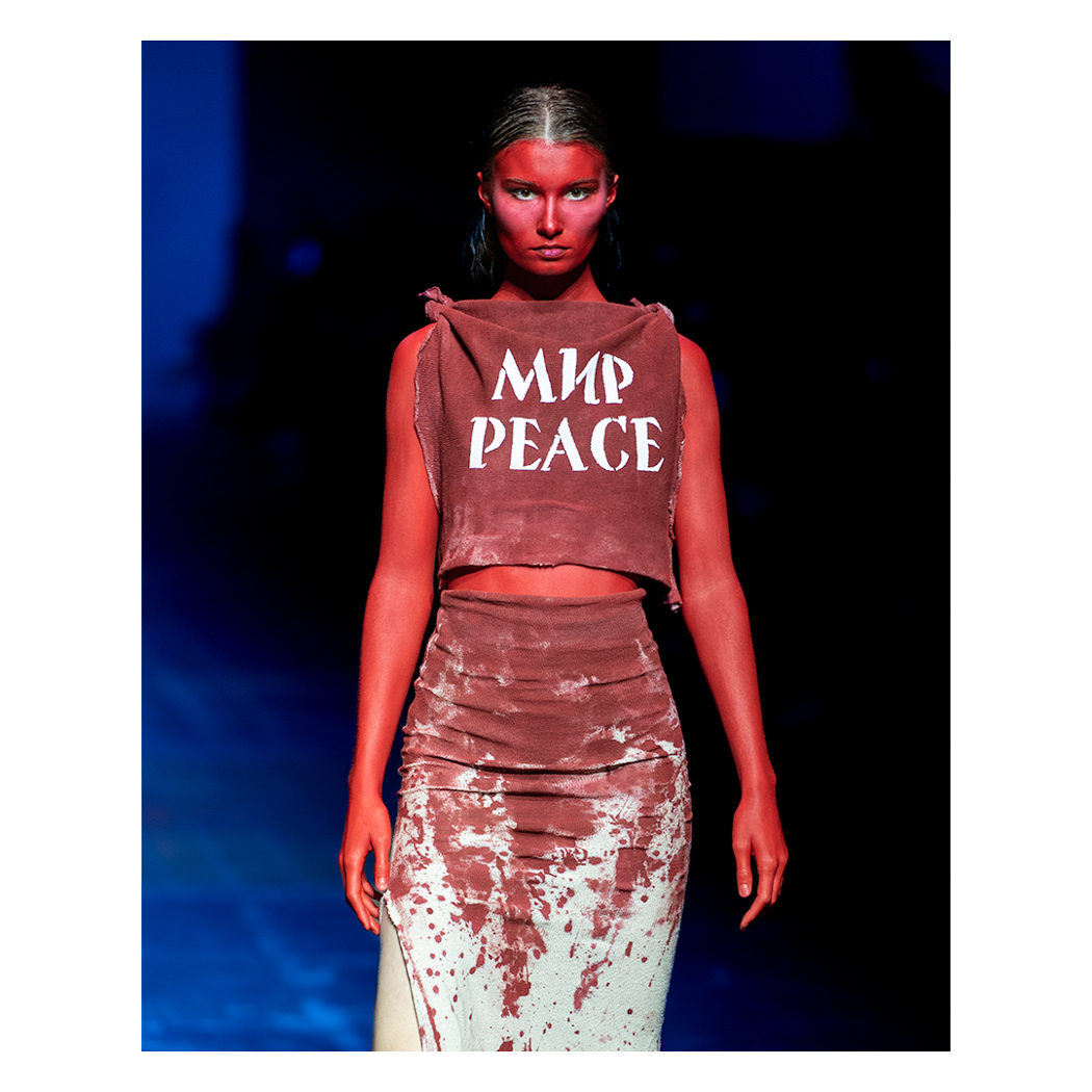 nfriisk's tweet photo. Final show from designer Jean Gritsfeldt at the Mercedes Benz Fashion Week Berlin. The designer could not attend personally. His collection has been recreated by volonteers just the week before the show. #BerlinFashionWeek #fashion #fashionshow #berlin #UkraineRussianWar #Peace https://t.co/OppDaox5mr