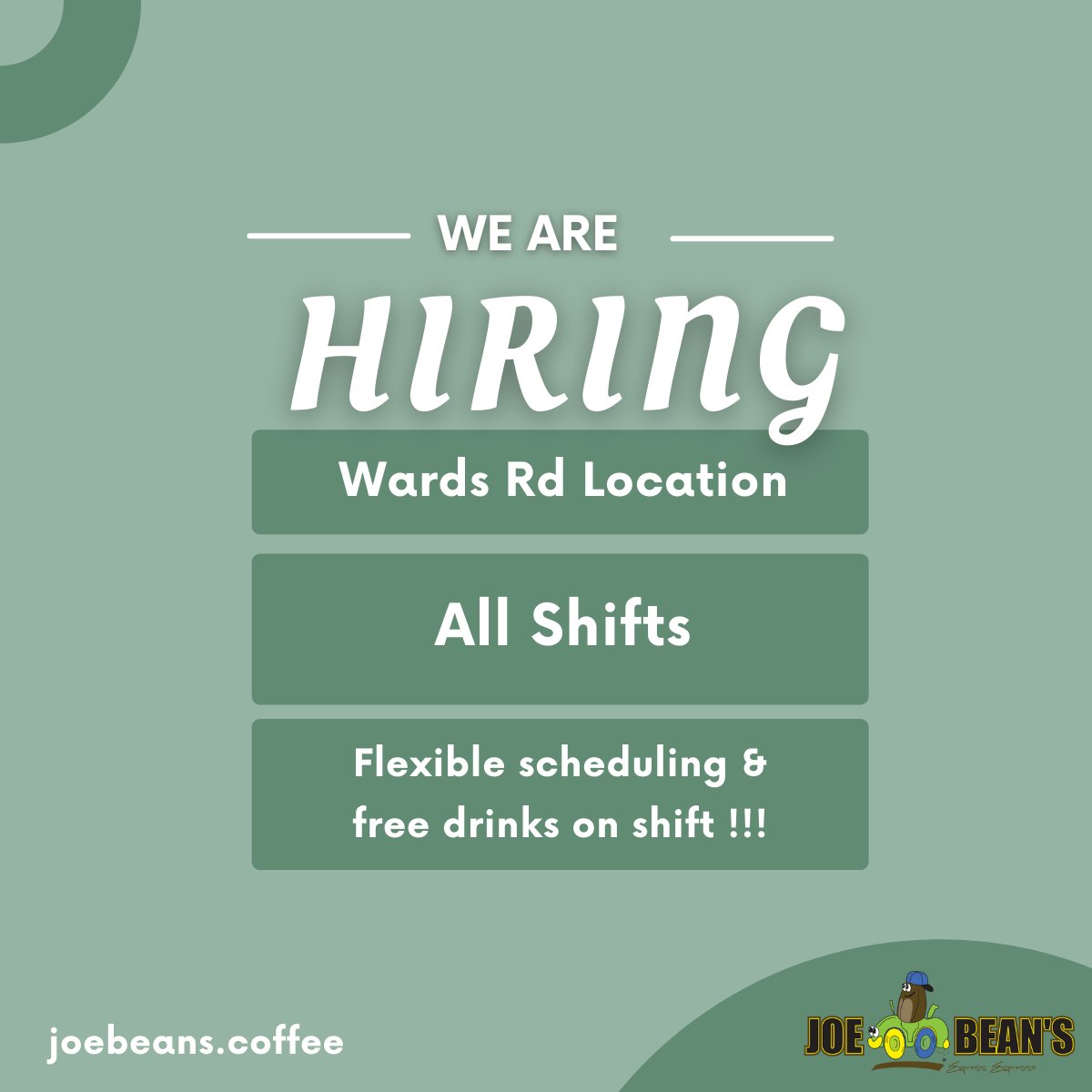 Joebeanscoffee's tweet photo. WE ARE HIRING !!!
Our Wards Rd location is hiring all shifts !!
Head over to https://t.co/9CeLdGnOMT to apply now !! https://t.co/eRVbxhgSTh