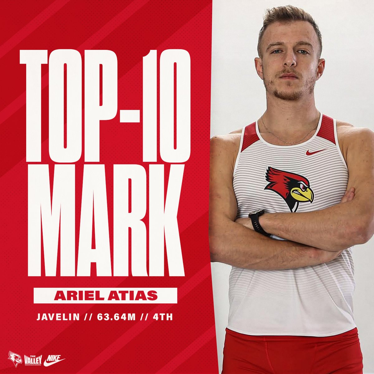 🚨 NO. 4 IN SCHOOL HISTORY 🚨 

Ariel Atias makes his outdoor debut in a Redbird uniform, throwing 63.64m (208-9 ft.) in the javelin to finish fifth overall. 

His mark also ranks No. 9 in the West Region and No. 33 in the NCAA this season!