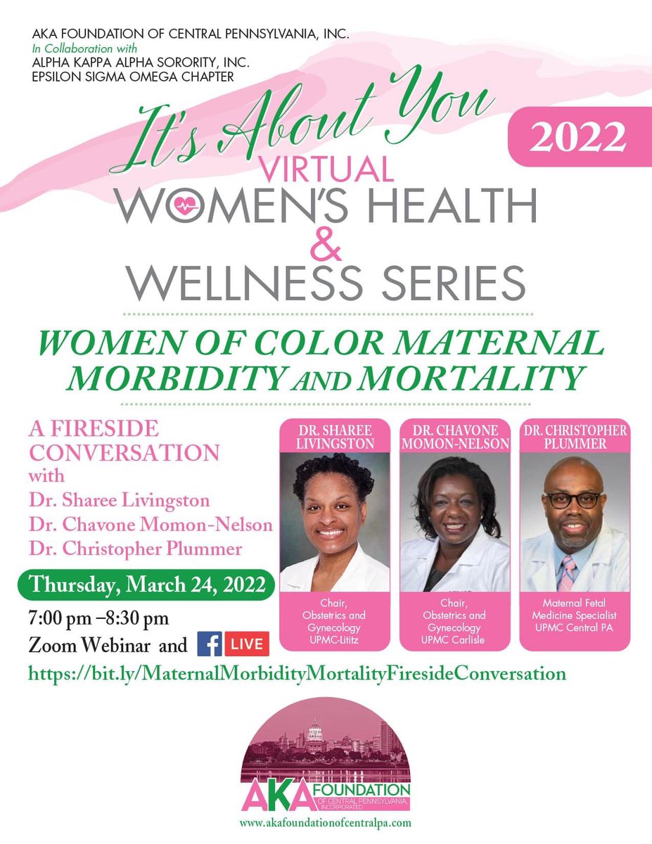 AKAFCP's tweet photo. Join us tonight at 7:00 pm (EDT) for a Conversation with Dr. Sharee Livingston, Dr. Chavone Momon-Nelson and Dr. Christopher Plummer on Women of color #MaternalMorbidity and #Mortality
Register at https://t.co/qOovedsBrF https://t.co/iBT6pHLLOr