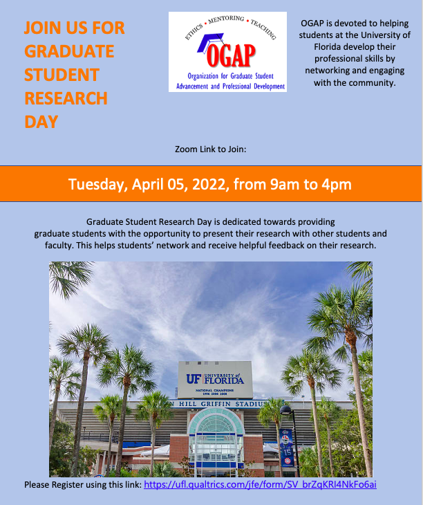 Please join us for Graduate Student Research Day! We look forward to the many participants as we support our fellow graduate students.
