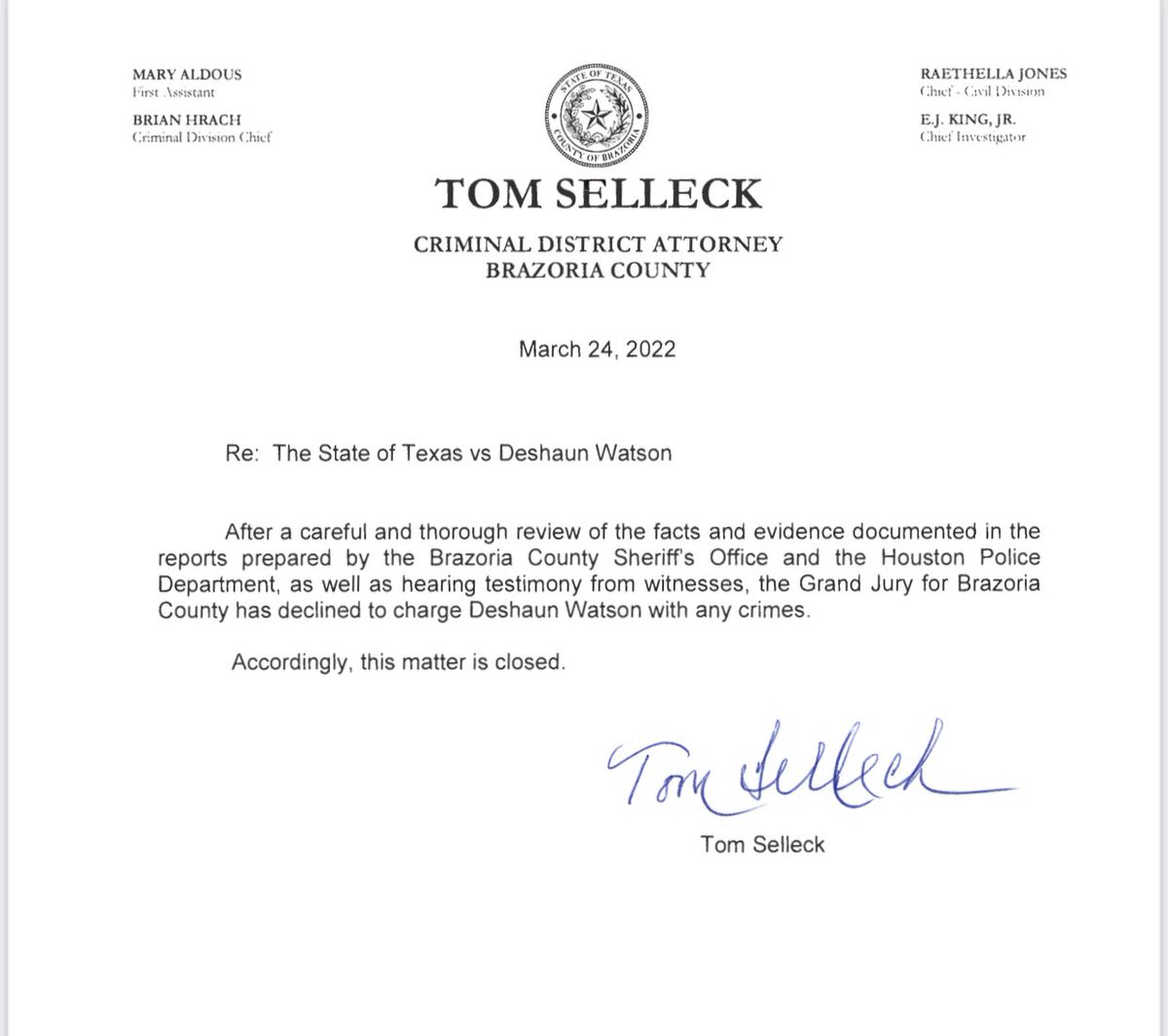 mikerothstein's tweet image. Press release on Deshaun Watson not being indicted from Brazoria County, Texas DA Tom Selleck.