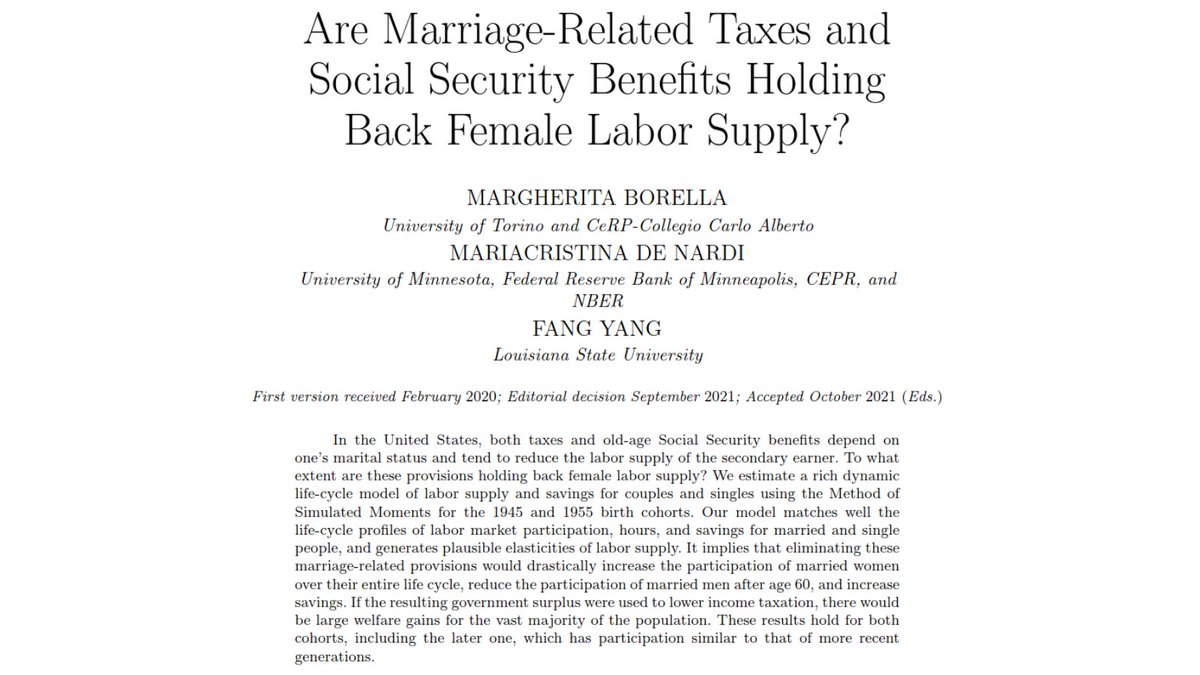 The Review of Economic Studies (@reveconstudies) on Twitter photo In the US, eliminating dependence of taxes and Social Security benefits on marital status increases married women's participation and savings. Using the resulting surplus to lower income taxation generates large welfare gains. By Borella, <a href="/M_De_Nardi/">Mariacristina De Nardi</a>, Yang
restud.com/paper/are-marr… In the US, eliminating dependence of taxes and Social Security benefits on marital status increases married women's participation and savings. Using the resulting surplus to lower income taxation generates large welfare gains. By Borella, <a href="/M_De_Nardi/">Mariacristina De Nardi</a>, Yang
restud.com/paper/are-marr…