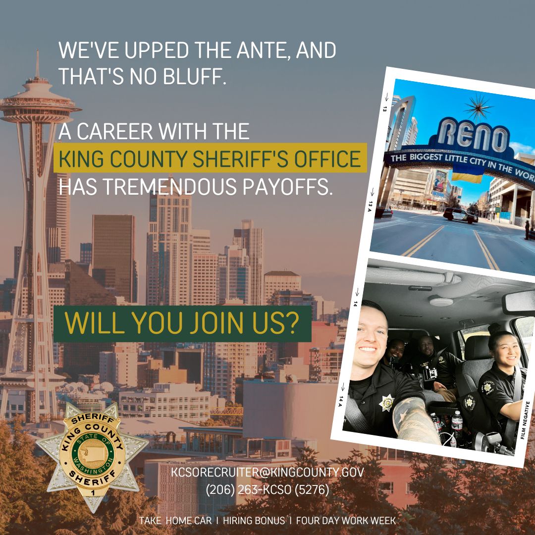 kingcosoPIO's tweet photo. KCSO is in Reno, NV for a recruiting campaign to find exceptional entry-level and lateral deputies.

With a take-home car, 4 day work-week, and a $7,500-$15,00 hiring bonus, you’ll feel like you’ve won the jackpot. 

Will you join us?

#WillYouJoinUs https://t.co/4waduyx1j2