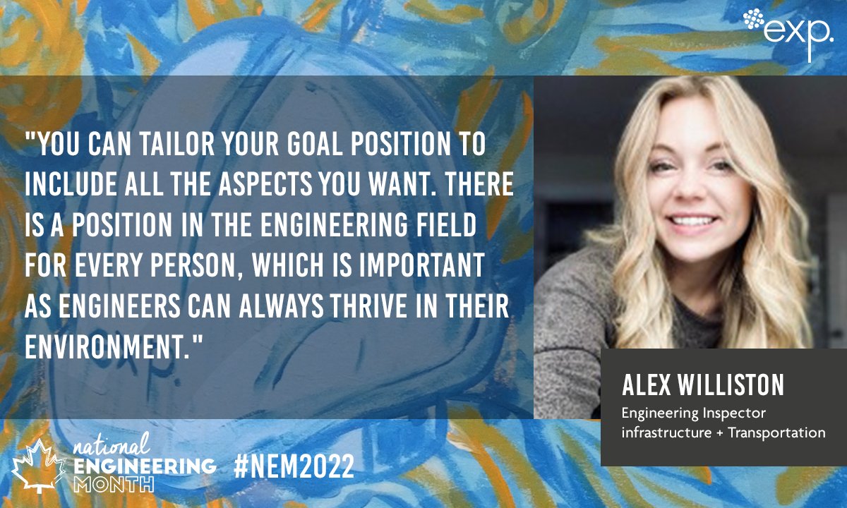EXP_Global_Inc's tweet photo. The wide range of possibilities and love for problem-solving is why Alex Williston decided she wanted to be an engineer in tenth grade. She is working as engineering inspector in our Fredericton office. Apply at EXP today. https://t.co/MbnOii70jp #EXPCareers #NEM2022 https://t.co/jeQxsC0xC3