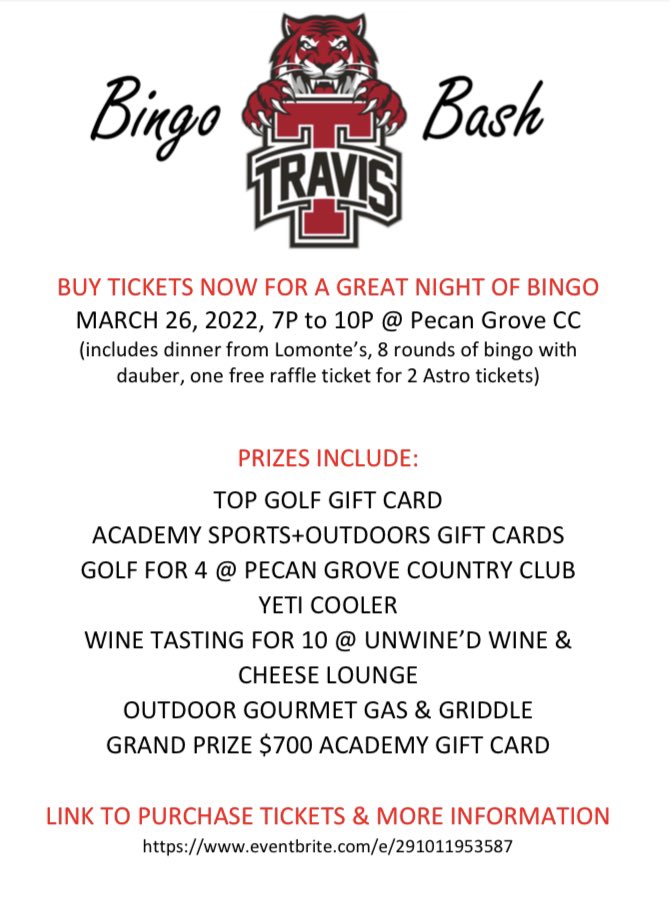 Let’s play some BINGO!!! Prize list below <a href="/BoosterTravis/">Travis Athletic Booster Club</a>