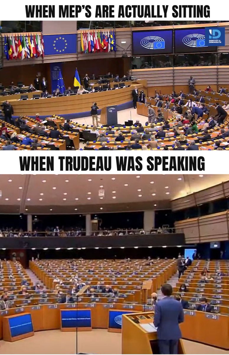 thevivafrei's tweet photo. A picture is worth 1000 words. And a virtually empty room, where European members of parliament were once sitting but apparently left for @JustinTrudeau’s speech, speaks even louder. https://t.co/rTbxgdB7Lk