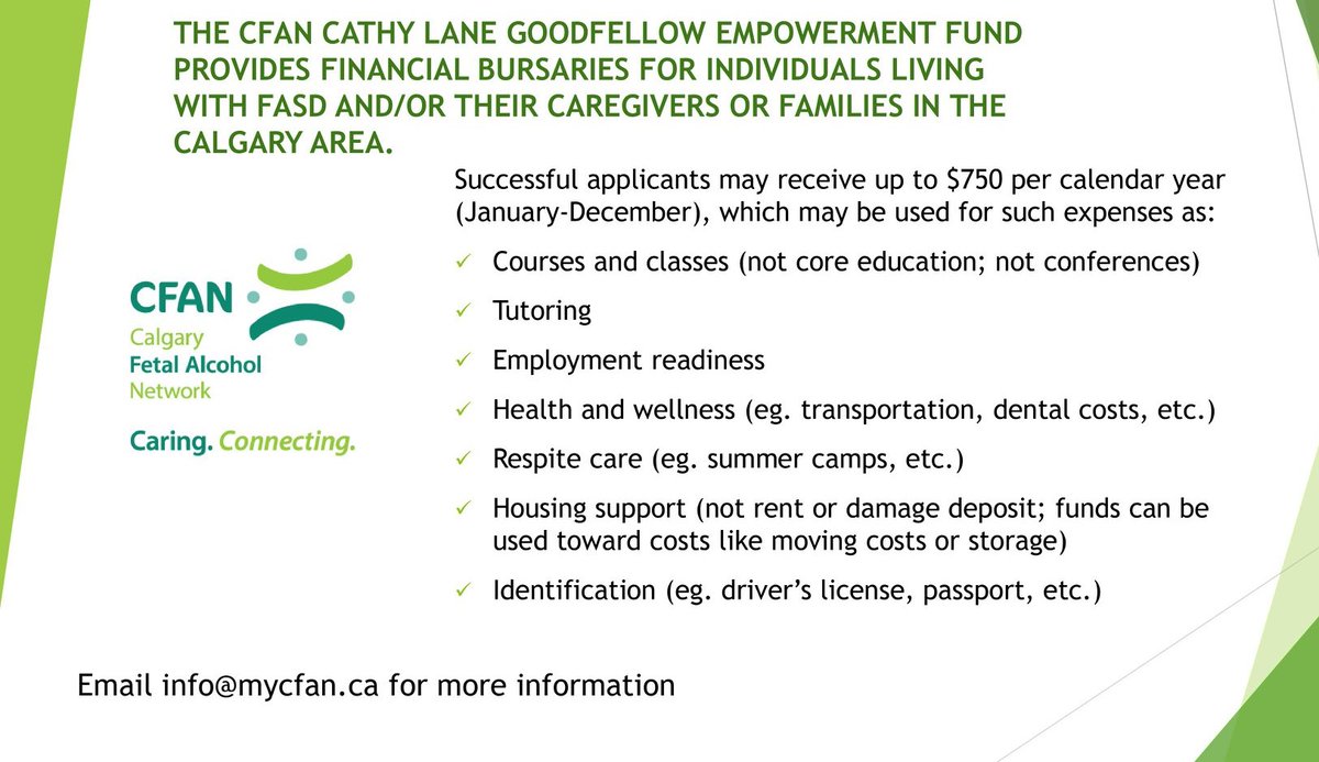 CalgaryFASD's tweet photo. REMINDER: March 31, 2022 is the deadline for applications to the Cathy Lane Goodfellow Empowerment Fund financial bursary for individuals with FASD and their caregivers in Calgary &amp; area. Click here to apply: https://t.co/nvvgTdnMJH
#yycFASD #FASD https://t.co/PvRP9OSW8q