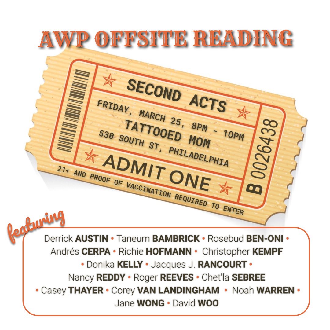 Nahtil's tweet photo. A big thank you to @jj_rancourt and Corey Van Landingham for organizing this #AWP2022 offsite reading at Tattooed Mom with this incredible set list of writers 😍

Hope to see y’all there (tomorrow @ 8pm)!! https://t.co/qA8z0OaAGd