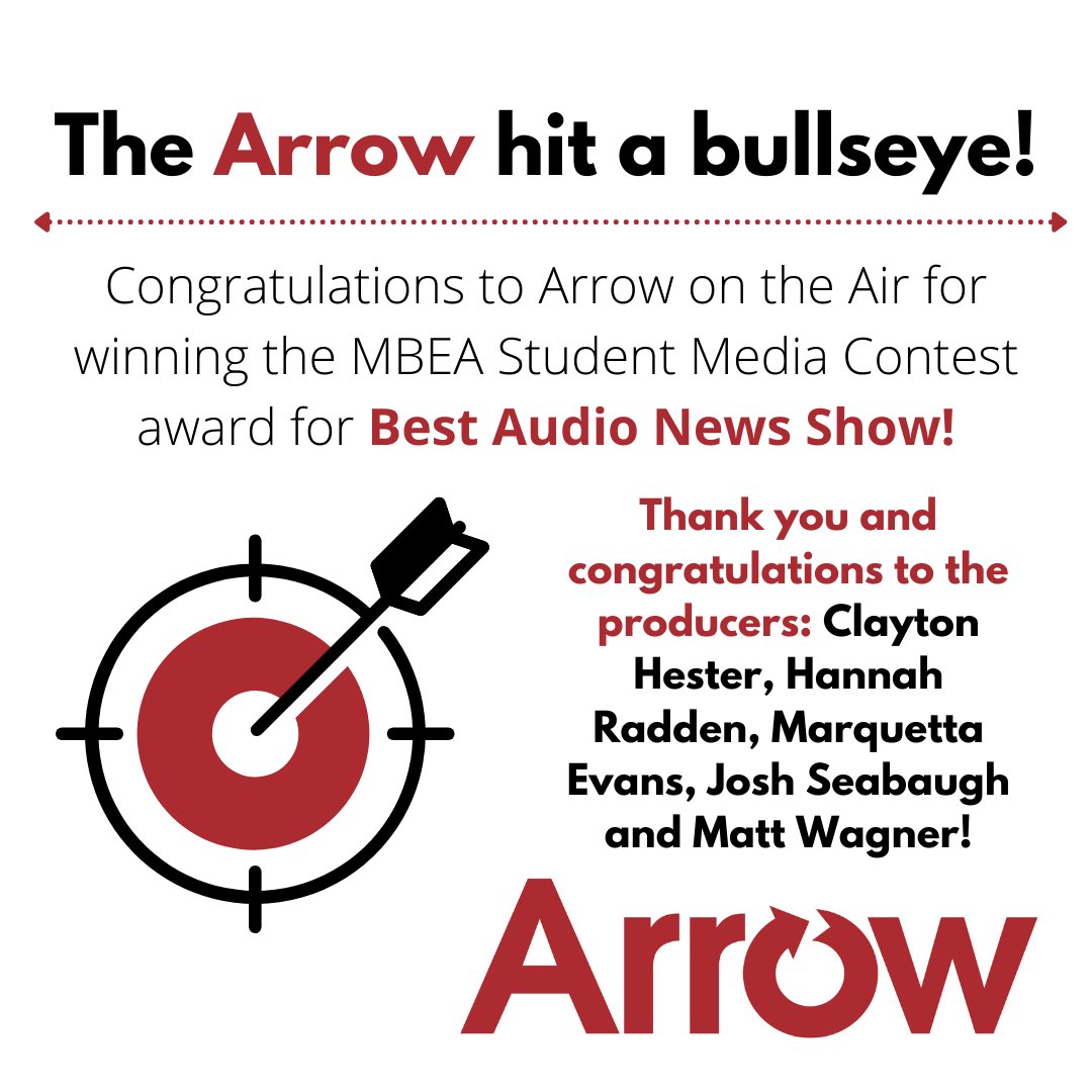 SoutheastArrow's tweet photo. Hey, that’s us! Congratulations to #ArrowOnTheAir for winning Best Audio News Show from the MBEA Student Media Contest! #SoutheastArrow #MBEA
@claytonjhester @Seabaugh_Arrow https://t.co/4WRW719rLQ