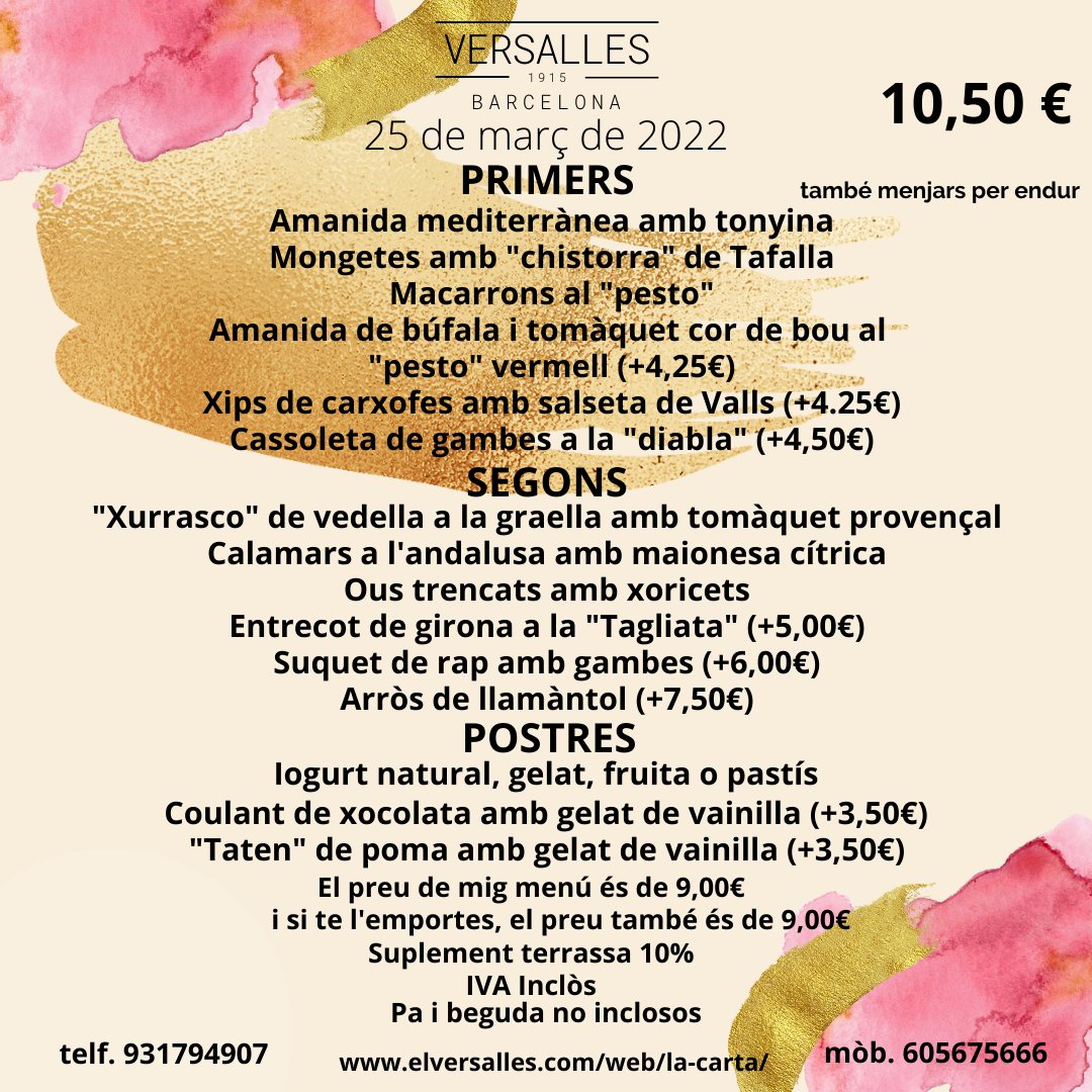 VersallesStAndr's tweet photo. Aquest és el nostre menú de demà. Enamorats de la nostra feina.
#barversalles #foodversalles #food #foodporn
#menjarbeabarcelona #restaurant #qualityfood
#elversalles #gaudiuelversalles #menudeldia https://t.co/R01iFLLGpy