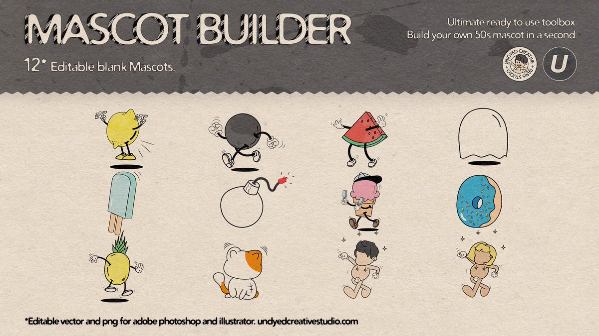 UndyedCS's tweet photo. Mascot Builder - Retro cartoon character toolbox is now available for download !  🍩🍧🍉🍍🍋💢👻❤
230+ Vector &amp; png to create a reasy to use mascot or a customizable one ! 

https://t.co/G1JFVHd9u6 https://t.co/SZZWOR2hel