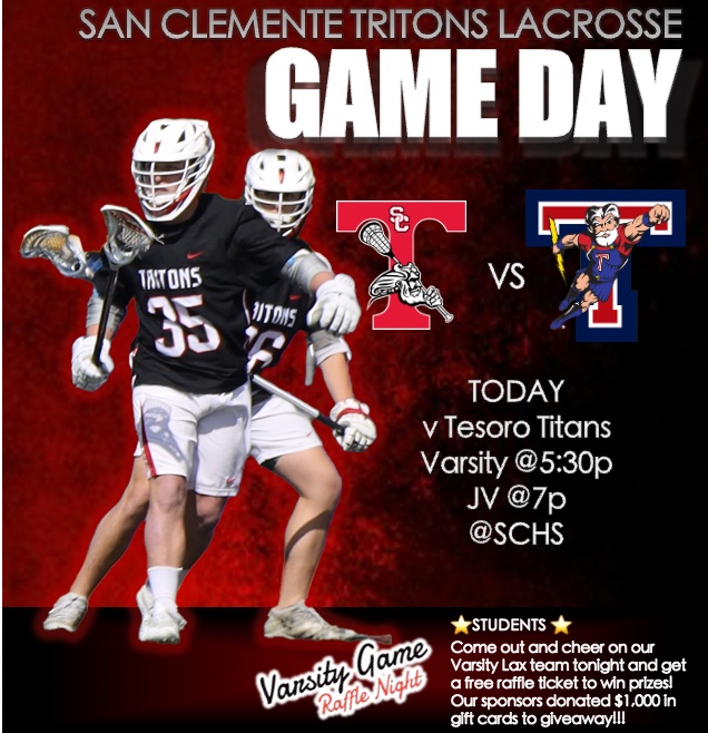 schs_lax's tweet photo. 🥍 TODAY the Tritons face off v Tesoro at HOME!🥍 
⭐️STUDENTS…come out for the Varsity game tonight and get a chance to win prizes!
📍SCHS
⏰ Varsity @ 5:30p, JV @ 7p
@SCHSTritons @MaxLaxCO @SCTimesNews #schstritonslacrosse #schstritons #lacrosse 
@TesoroLacrosse @LaxNation_ https://t.co/Oy1HRpvxBf