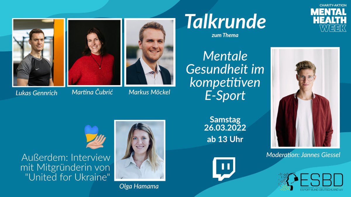 Den Abschluss unserer #MentalHealthWeek bildet eine weitere Expert:innen-Talkrunde, diesmal mit dem Thema „Mentale Gesundheit im kompetitiven E-Sport“.

⏰ Samstag, 13 Uhr
📺  twitch.tv/esportbund