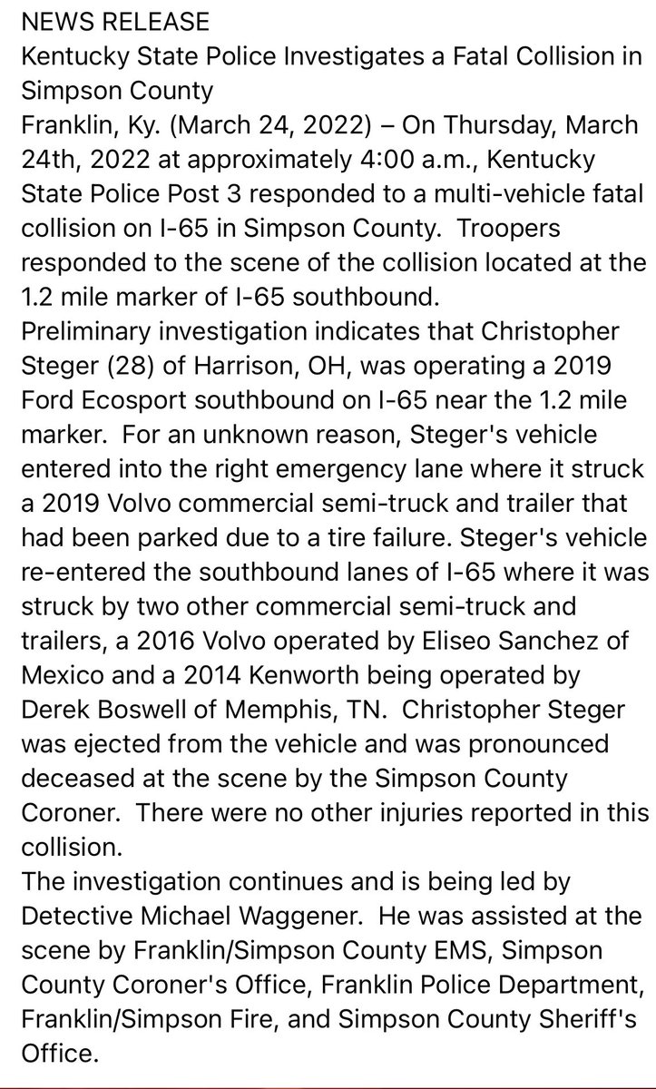 News Release - Kentucky State Police Investigate Fatal Collision in Simpson County.
