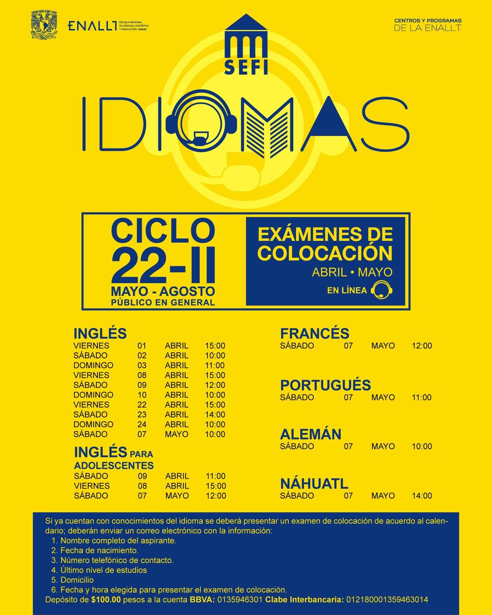sefiorgmx's tweet photo. ¡Estudia un idioma! 🤓
Solicita tu Examen de Colocación para ingresar al Ciclo 22-II.
Informes en: 📧 corsefi@enallt.unam.mx o al 📞5555422627 y 5555129996
#Centrosyprogramas #idiomas #ENALLT #UsaCubreBocasCorrectamente https://t.co/6J7o8uuxuL