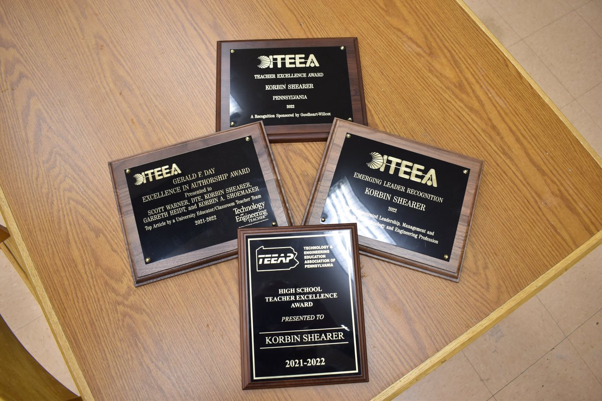 Korbin Shearer, a YSHS teacher, recently received awards from <a href="/iteea/">ITEEA</a> and <a href="/TEEAPOnline/">TEEAP</a>! 👏

🏆 Gerald F. Day Excellence in Authorship Award
🏆 Teacher Excellence Award
🏆 Emerging Leader Recognition

Today, <a href="/PADeptofEd/">PA Department of Education</a>'s Brandt Hutzel presented Mr. Shearer with one of the plaques.