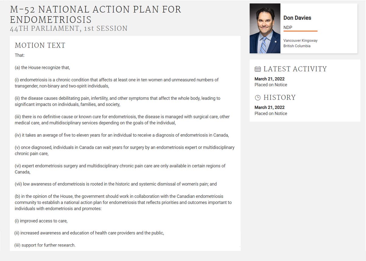 For far too long, Canadians with #endometriosis have endured needless suffering due to long wait times and difficulties accessing appropriate care. This week I introduced motion M-52 for a National Action Plan for Endometriosis in Canada.
<a href="/EndoActCanada/">EndoAct Canada</a> 

ourcommons.ca/members/en/don…