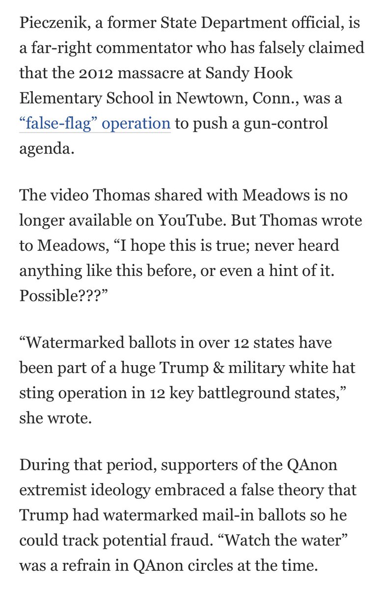 Look at the absolutely deranged conspiracy theories Ginni Thomas pushed. Fringe doesn’t begin to cover it. She promoted conspiracy theories from a Sandy Hook truther plus QAnon stuff.  https://www.washingtonpost.com/politics/2022/03/24/virginia-thomas-mark-meadows-texts/