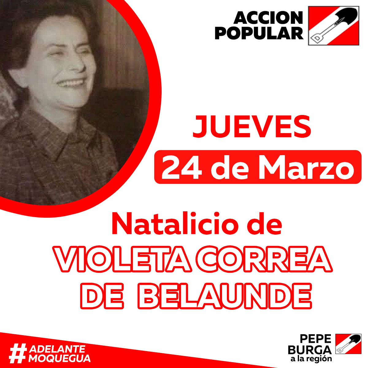 BurgaPepe's tweet photo. Hoy  #24demarzo recordamos con gran júbilo el natalicio de Violeta Correa, primera dama y leal esposa de Fernando Belaúnde, una #GranMujer a la que seguiremos recordando por sus tantas acciones generosas y humildes para trabajar por el #Perú y los más necesitados.
¡Feliz día! https://t.co/eTmazCQwom