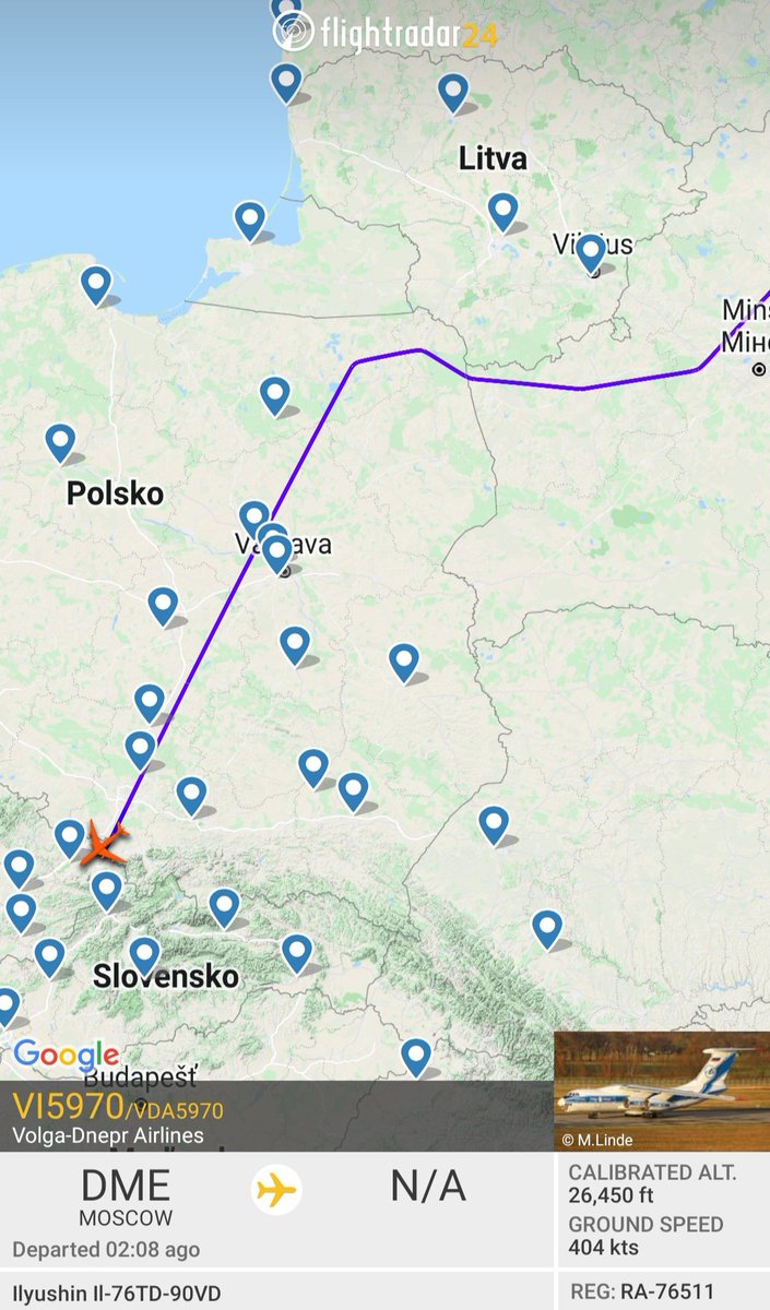 centaureax's tweet photo. V 22:26 vletěl na území ČR ruský IL76 @volgadneprgroup RA-76511-na výjimku míří na #letistebrno, předtím již na přelomu měsíce dopravil palivo pro slovenské jaderné elektrárny na @BTS_airport #volgadnepr IL76 on exemption fm Moscow to Brno enter CZ airspace evening #aviationdaily https://t.co/FAEeKtDA89